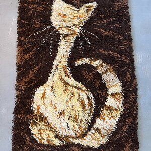 1960's AIDA Brown Beige Cat Tapestry Wool UNUSED Mid Century Modern Rya Rug